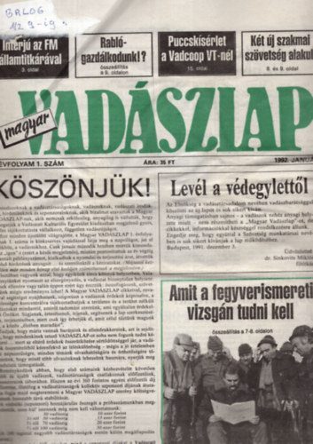 Csek Sndor  (fszerk.) - Magyar Vadszlap 1992. 1 -12. szm ( teljes vfolyam egytt  ) - nagyon ritka