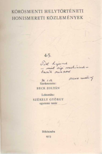 Beck Zolt�n szerk. - K�r�smenti helyt�rt�neti honismereti k�zlem�nyek  4-5.