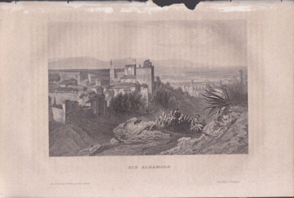 Die Alhambra (mór építésű erőd és kastély, Granada, Spanyolország, Európa) (16x23,5 cm lapméretű eredeti acélmetszet, 1856-ból)