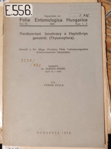 Fbin Gyula - Rendszertani tanulmny a Haplothrips genusrl (Thysanoptera)