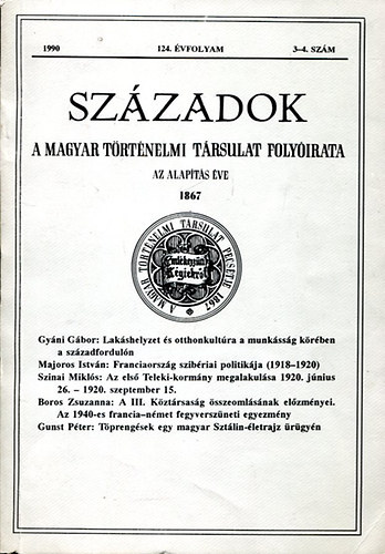 Pl Lajos  (szerk.) - Szzadok - A Magyar Trtnelmi Trsulat folyirata 1990/3-4. szm (124.vfolyam)