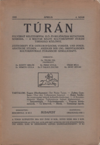 Gr�f Teleki P�l  (szerk.) - T�r�n 1918. �prilis 4. sz�m