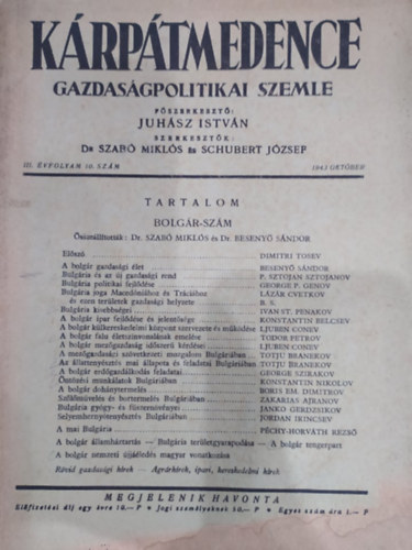 Juh�sz Istv�n  (f�szerk.) - K�rp�tmedence Gazdas�gpolitikai Szemle III. �vfolyam 10. sz�m  1943/okt�ber