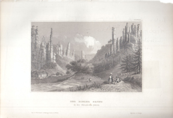 Der Bieler Grund in der Sächsischen Schweiz ( Bieler Grund, Svájc, Európa) (16x23,5 cm lapméretű eredeti acélmetszet, 1856-ból)