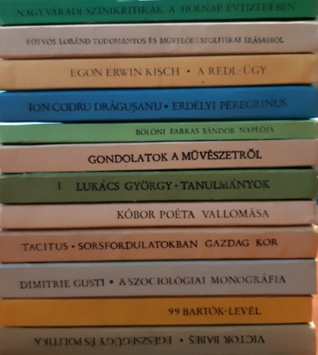 12 db Téka könyv: Nagyváradi színikritikák a holnap évtizedében, Eötvös Lóránt tudományos és művelődéspolitikai írásaiból, A Redl-ügy, Erdélyi peregrinus, Bölöni Farkas Sándor naplója, Gondolatok a művészetről, Tanulmányo