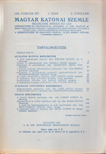 Vitz Berk Istvn  (szerk.) - Magyar Katonai Szemle 1935. februr h, 2. szm, V. vfolyam