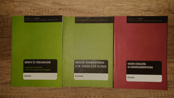 Borsa Gedeon, Hudi József Helle Mária - 3 könyv a Nemzeti Téka című, a magyar könyvkultúrával foglaalkozó sorozatból: Vásári cédulától az agrárszakkönyvekig, Brassói román nyomda a 18. század első felében, Könyv és társadalom
