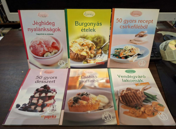 6 db az �zvar�sz f�zetek sorozatb�l, K�NYVMENT� AJ�NLAT: 50 gyors desszert, Cs�b�t� muffinok, Vend�gv�r� lakom�k vill�mgyorsan, 50 gyors recept csirkefil�b�l, Burgony�s �telek, J�ghideg nyal�nks�gok (fagylaltok �s s�rbetek)