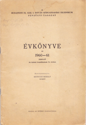 Mitnyn Mihly - A Budapesti IX. ker. I. Istvn Kzgazdasgi Technikum Pnzgyi Tagozat vknyve az 1960-61 tanvrl