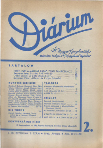 Máté Károly - Diárium I. (X.) Évfolyam 2. Szám - 1940 Április