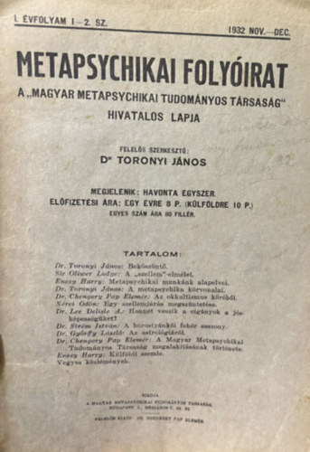 Dr. Tornyai János - Metapsychikai folyóirat I. évfolyam I-II. szám (1932. nov.-dec.)