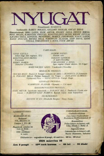 Ignotus (főszerk.) - Nyugat XXI. évf. 6. szám. 1928. március 16.