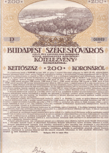 Budapest Szkesfvros 1918. vi admentes klcsn-ktelezvnye (trtnelmi rtkpapr, eredeti)