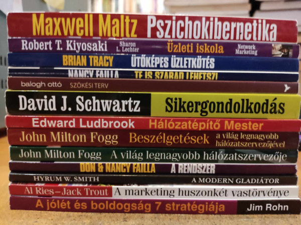 Jim Rohn, John Milton Fogg, David J. Schwartz, Robert T. Kiyosaki, Brian Tracy, s msok Maxwell Maltz - 13 db pnz s zlet: A jlt s boldogsg 7 stratgija; A marketing huszonkt vastrvnye; A modern gladitor; A rendszer; A vilg legnagyobb hlzatszervezje; Beszlgetsek; Hlzatpt mester; Pszichokibernetika sikermech