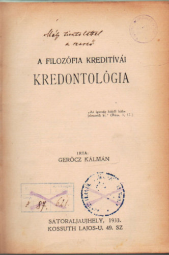 Gercz Klmn - A filozfia kreditvi -Kredontolgia - dediklt