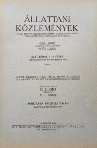 Sos Lajos  Csiki Ern (szerk.) - llattani kzlemnyek XXVI. ktet 3-4. fzet