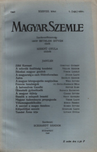 Dr. Eckhardt Sndor  (Szerk.) - Magyar Szemle 1940/XXXVIII.ktet I.(149.)szm