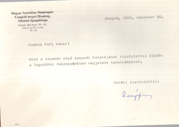 Kanyó Ferenc - Német-magyar katonai tervek Szeged visszafoglalására 1944 októberében - Különlenyomat - Dedikált