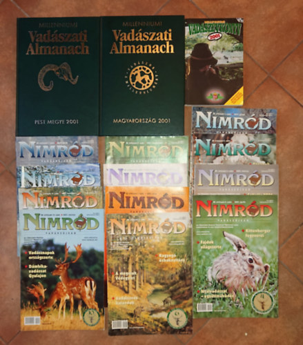 16 vad�szattal kapcsolatos kiadv�ny 2001-b�l: Vad�szati almanach Magyarorsz�g 2001 + Vad�szati almanach Pest megye 2001, Milleneumi vad�sz�vk�nyv + a Nimr�d magazin 13 sz�ma (2001/01-2002/02 - a 2001. m�jusi sz�m hi�nyzik)