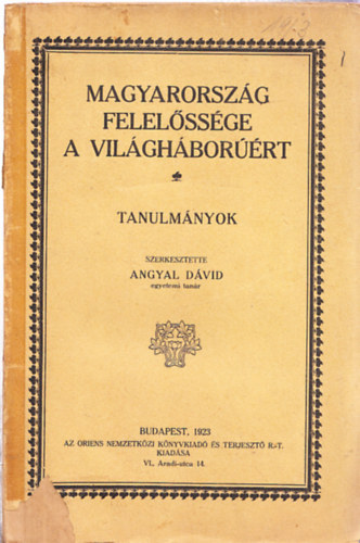 Angyal Dvid  (szerk.) - Magyarorszg felelssge a vilghborrt - Tanulmnyok