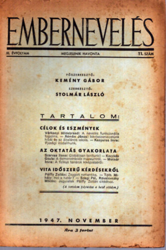 Kemény Gábor  (főszerk.) - Embernevelés 1947. november III. évfolyam 11. szám