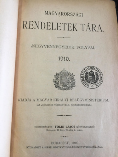 Magyarországi Rendeletek Tára 1910.