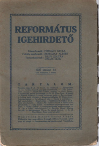 Forgács Gyula - Református igehirdető 1927 január VIII. évf. 1. szám