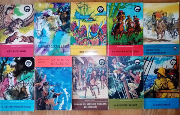 Karl May, Daniel Defoe, Friedrich Gerst�cker, Thomas Mayne Reid, R�naszegi Mikl�s, Robert Louis Stevenson, Jack London Sz�rke Bagoly - (10 db) Delfin ifj�s�gi k�nyvcsomag: K�t kicsi h�d / A sivatag szelleme / Bob kapit�ny / Az indi�n bossz�ja / Aranyl�z kaliforni�ban / A feh�r t�rzsf�n�k / Az indi�n hercegn� / Bog�ti �rnyagy / A kincses sziget / A kal�zhaj�