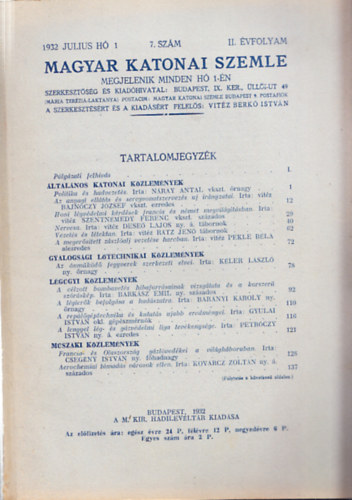Vitz Berk Istvn  (szerk.) - Magyar Katonai Szemle 1932 jlius h, 7. szm, II. vfolyam