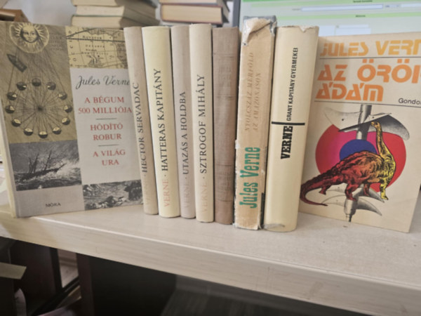 Verne Jules Verne Gyula - 9db Verne k�tet, K�NYVMENT� AJ�NLAT: H�rom reg�ny - A B�gum 500 milli�ja - H�d�t� Robur - A vil�g ura+ Hector Servadac+ Hatteras kapit�ny+ Utaz�s a holdba+ Sztrogof Mih�ly+ Cirkuszkocsival a sarkvid�ken �t+ Nyolcsz�z m�rf�ld az Am