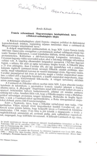 Benda Klmn - Francia reformtusok Magyarorszgra teleptsnek terve a Rkczi Szabadsgharc idejn - dediklt, - Klnlenyomat