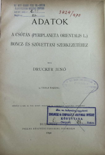 Dr. Drucker Jenő - Adatok - A Csótán (Periplaneta Orientalis L.) Boncz-és szövettani szerkezetéhez