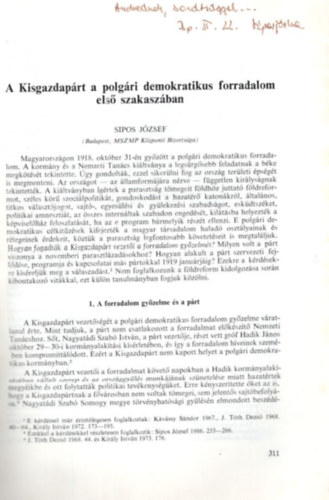 Sipos Jzsef - A Kisgazdaprt a polgri demokratikus forradalom els szakaszban  - Klnlenyomat - dediklt