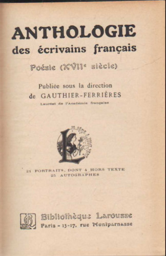 de Gauthier- Ferrires - Anthologie- ( Posie 1800-1850 )  des crivains francais 1-3 ktet