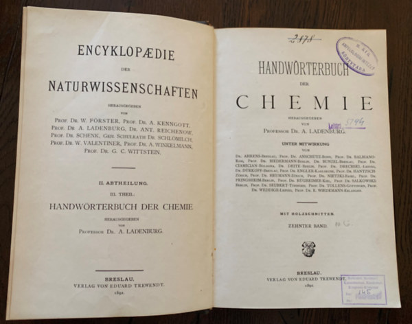 Prof Dr. A. Ladenburg - Encylkopaedie der Naturwissenschaften - II. Abtheilung - III. Theil: Handwrterbuch der Chemie