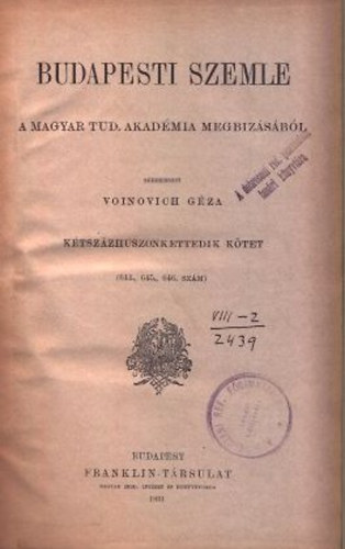 Voinovich Gza (szerk.) - Budapesti Szemle 1931. (222. ktet, 644-646. szmok)