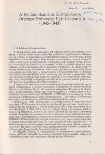 A Fldmunksok s Kisbirtokosok Orszgos Szvetsge Egri Csoportja 1945-1848 - Klnlenyomat - dediklt