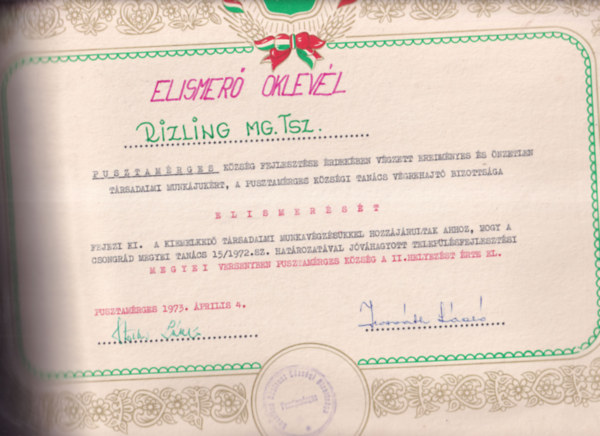 Elismer� Oklev�l (47,5�34cm) - Rizling MG. TSZ. Pusztam�rges k�zs�g fejleszt�se �rdek�ben v�gzett eredm�nyes �s �nzetlen t�rsadalmi munk�juk�rt, a Pusztam�rges K�zs�gi Tan�cs V�grehajt� Bizotts�ga Elismer�s�t fejezi ki...