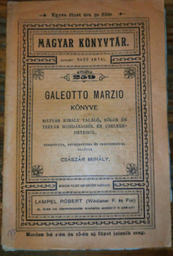 Cs�sz�r Mih�ly - Galeotto Marzio k�nyve