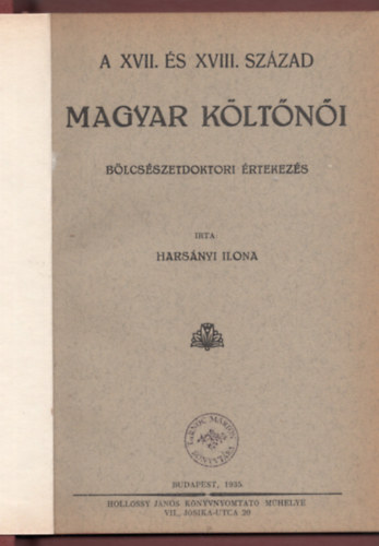 Harsnyi Ilona - A XVII. s XVIII. szzad magyar kltni