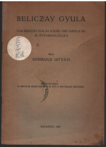 Sonkoly L�szl� - Beliczay Gyula-Eml�kez�s hal�l�nak/1893  �prilis 30/ 50. �vfordul�j�ra