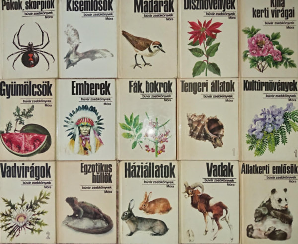 B�v�r Zsebk�nyvek - (15db) B�v�r zsebk�nyvek k�nyvcsomag az �llat- �s n�v�nyvil�gr�l: P�kok, skorip�k / Kiseml�s�k / Madarak / D�szn�v�nyek / K�na kerti vir�gai / Gy�m�lcs�k / Emberek / F�k, bokrok / Tengeri �llatok 1. / Kult�rn�v�nyek 2. / Va