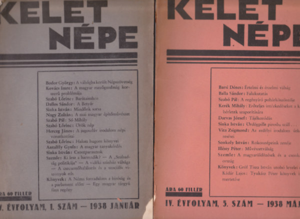 Szabó Pál (szerk.) - 2 db Kelet Népe:1938 január, IV.évf. 1.sz. + 1938. május, IV.évf. 5.szám