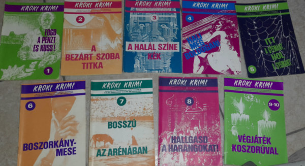 Tbb szerz - 9 db KROKI KRIMI fzet: 1988/1. Fogd a pnzt s kuss!, 1988/2.A bezrt szoba titka,1988/3. A hall szne kk, 1988/4.Haljd meg boldogan!,1988/5. Itt a gymnt.1988/6. Boszorknymese,1988/7.Bossz az arnban,1988/8.Hallgasd a..,1988/9-10