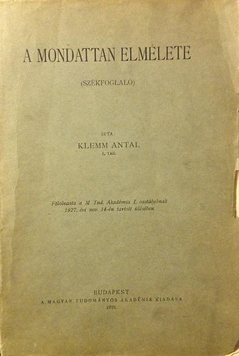 Klemm Antal - A mondattan elm�lete (sz�kfoglal�)