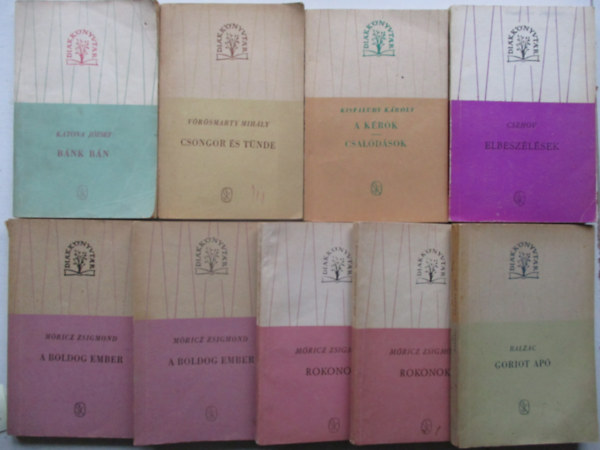 7 db Diákkönyvtár kötelező olvasmány (A kérők, Elbeszélések, Csongor és Tünde, Bánk bán, A boldog ember I-II., Rokonok I-II., Goriot apó)