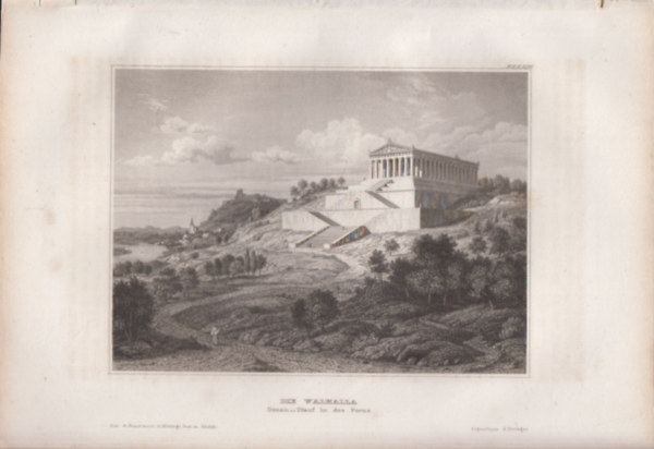 Die Walhalla Donau-Stauf in der Ferne (Valhalla emlkm, Regensburg mellett, Duna, Nmetorszg, Eurpa) (16x23,5 cm mret eredeti aclmetszet) (1856)