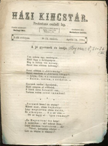 Batizfalvi Istvn Ballagi Mr  (szerk.) - Hzi kincstr. Protestns csaldi lap. 5-dik vfolyam. 8-ik szm. Aprilis 14. 1864.