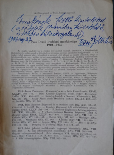 Pais Dezső irodalmi munkássága 1910-1955