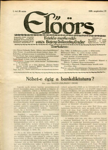 vit�z Bajcsy-Zsilinszky Endre  ( felel�s szerkeszt�) - El��rs foly�irat I. �vf. 28. sz�m. 1928. szeptember 23.
